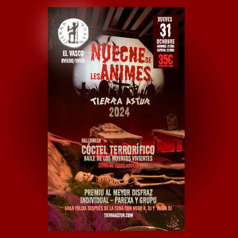 Cartel de la fiesta de halloween que se celebrará en Tierra Astur El Vasco en tonos rojos y negros, con una imagen de fondo del evento del año pasado