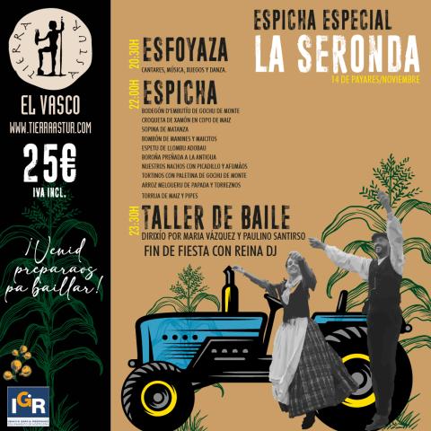 Cartel de la espicha en el que aparecen dos personas bailando en blanco y negro y la ilustración de un tractor, además del menú y las actividades que se realizarán