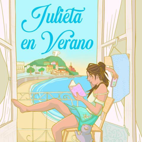 Dibujo en tonos pastel. Una mujer está sentada en su balcón, con la playa de San Lorenzo de fondo, leyendo un libro a la vez que deja de lado el teléfono móvil con la mano libre.