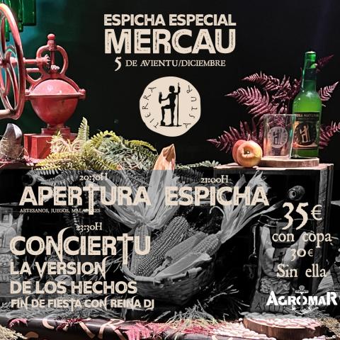Imagen de fondo de un puesto típico de un mercau astur con elementos como unes panolles en el centro.