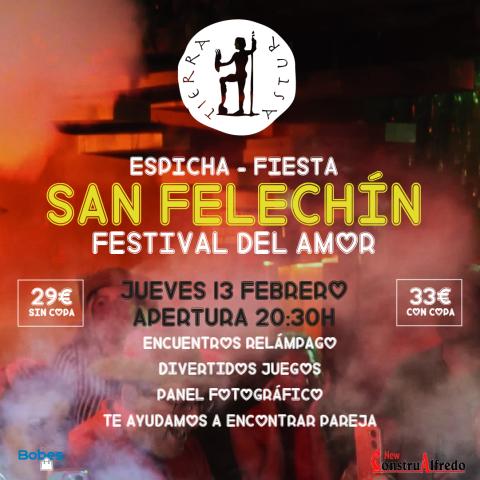 Fotografía de fondo con humo y luces en tonos rojos con el texto de información sobre la espicha encima, que combina tonos negros, blancos y amarillos