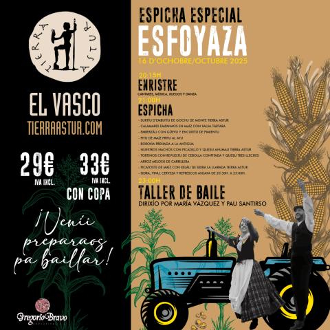 Cartel de la espicha la esfoyaza con fondo negro y marrón, descripción del menú y las actividades y elementos tradicionales de relacionados con la temática de la espicha junto con la imagen de una pareja bailando.