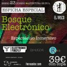 Cartel de la espicha en tierra astur del bosque electrónico con la fecha el precio y los logos de los artistas, además del patrocinador, con un fondo de una imagen del interior de la sidrería pixelada.